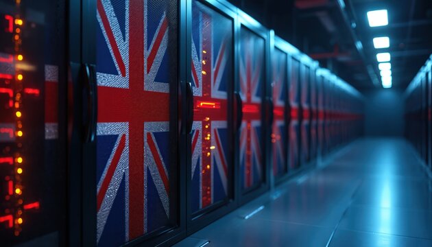 Long row of server racks display British flag in data center. Red, orange lights glow indicating active digital processes, computing. High tech room manages important UK info, network, cloud