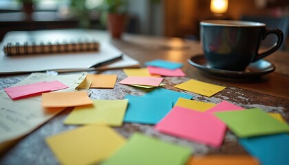 Colorful sticky notes scattered on a wooden table near a notebook and cup of coffee. Papers spread out with reminders for tasks and ideas. Notes create a messy creative workspace scene.