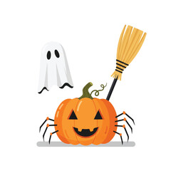 Halloween scene pumpkinspider ghost and broomstick on a flat gray surface