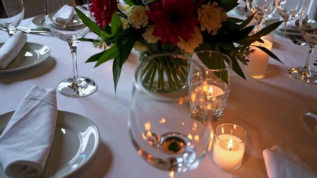 Elegant dining table setup with candles and glassware, captured from a high-angle. Perfect for a video on formal dining or event planning.