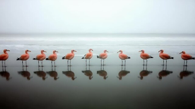 Pink Flamingos in a Row on a Misty Shore