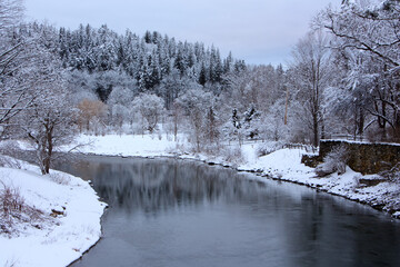 Ottauquechee River in winter in Woodstock, Vermont