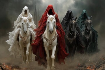 Obraz premium Apocalyptic quartet: conquest rider, war horseman, famine specter, death figure, doom omen, end harbinger, cataclysm symbol, final vision, ancient myth, divine judgment, eternal terror cosmic prophecy