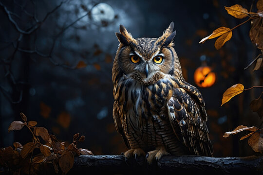 Owl bird on dark scary background of autumn Halloween holiday AI Generative - Powered by Adobe