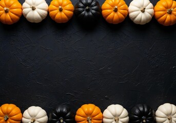 Rows of orange white and black mini pumpkins border a dark textured background