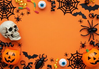 Halloween decorations including skull spider webs bats candy pumpkins and eyeballs on orange background