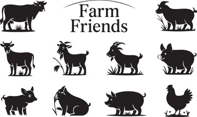 Farm Animals Silhouettes Collection Cow, Goat, Pig, and Chicken