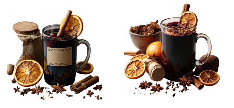 Two mugs of mulled wine with cinnamon sticks, dried orange slices, star anise, and spices, isolated on transparent background