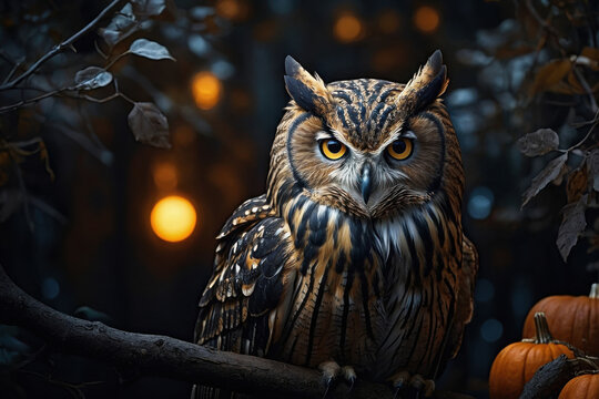 Owl bird on dark scary background of autumn Halloween holiday AI Generative
