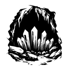 Crystal cave silhouette vector – underground cavern with sharp quartz crystals and stalactites