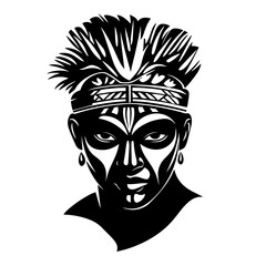 Tribal warrior woman silhouette vector – fierce female face with ceremonial face paint and spiky hair headdress