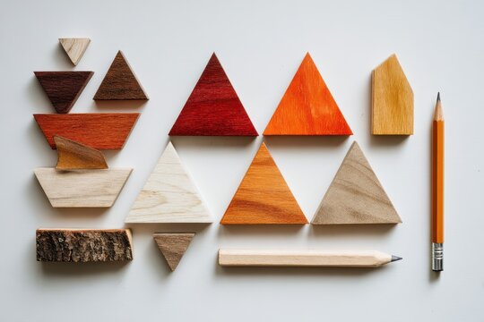 Artisanal Woodcraft - A Geometric Flat Lay of Diverse Wooden Triangles and Pencils.