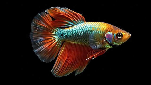 Betta fish with vibrant orange  teal fins on black background