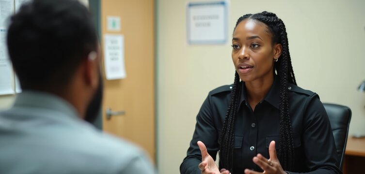 Probation officer talks with a client in office setting. African American woman gestures while speaking to a person. Pro meeting discussing legal, business issues.