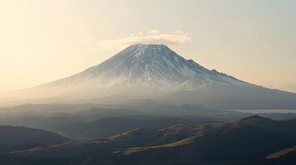 Fototapeta premium Misty mountain peak with atmospheric fog, clean horizon
