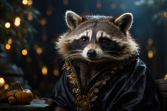 Cute raccoon animal in costume on dark scary Halloween background AI Generative - Powered by Adobe