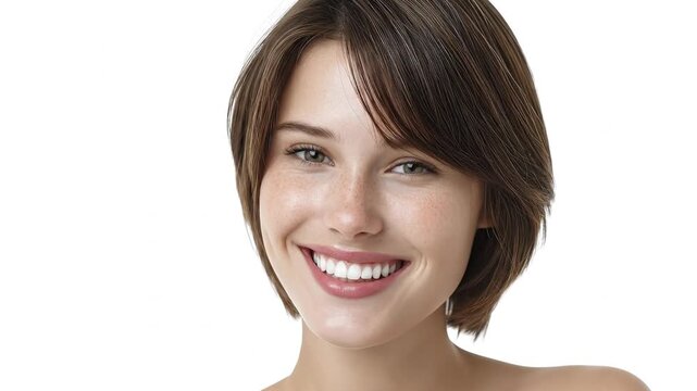 A beautiful young woman with short, stylish brown hair and delicate bangs radiates pure joy and confidence, captured in a vibrant headshot against a clean white background. Her natural complexion, ado