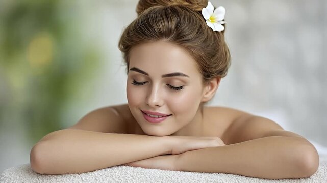 A beautiful young woman with her eyes gently closed and a serene smile rests peacefully, her arms folded on a soft white towel. A delicate white flower adorns her elegant updo, emphasizing a mood of u
