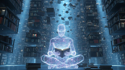 A futuristic digital energy core glowing blue inside a massive data chamber.