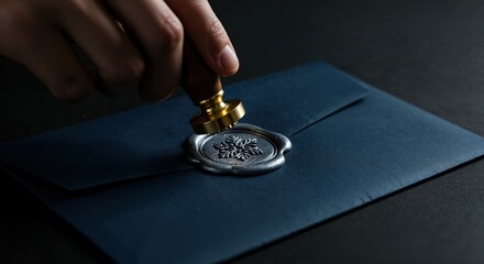 A person's hand presses a golden wax seal stamp onto a silver snowflake-embossed wax seal on a dark navy blue envelope, resting on a deep black surface.