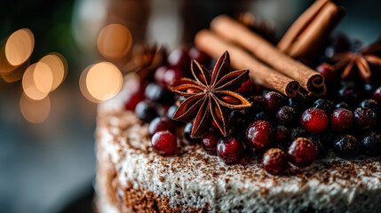 Rich chocolate cake adorned with fresh berries and cinnamon sticks, creating a festive atmosphere for holiday gatherings