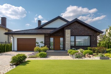 Modern Suburban Home with Lush Green Lawn and Blue Sky.