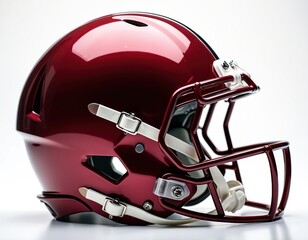 Fototapeta premium Maroon football helmet isolated on white background. Protective headgear for American football game. Sports equipment for player safety on field. Combat sport gear.