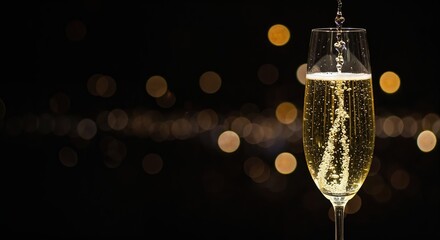 A tall, elegant champagne flute is filled with golden sparkling wine, creating a cascade of effervescent bubbles against a festive dark background with warm bokeh lights.