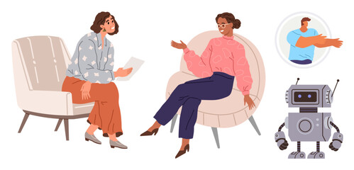 Two sitting women engage in conversation. A futuristic robot and a male fitness figure appear in the background. Ideal for communication, AI, health, teamwork, balance, psychology, technology themes