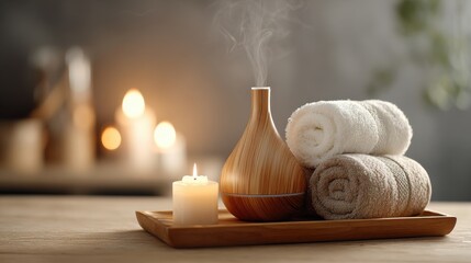 Tranquil Spa Sanctuary with Aromatic Diffuser Mist and Warm Candlelight Glow.