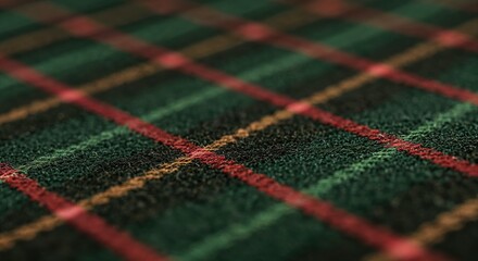 An abstract macro view of a vibrant green textile with intersecting red and gold plaid lines creating a textured surface with a shallow depth of field.
