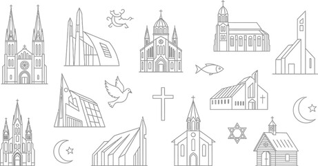 Collection of diverse religious building outlines and symbols