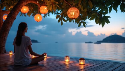 Woman meditates on wooden deck near ocean. Sunset, lanterns create tranquil scene. Evening sky, calm water. Concept peace mindfulness relaxation vacation zen. Atmosphere of harmony, spiritual well