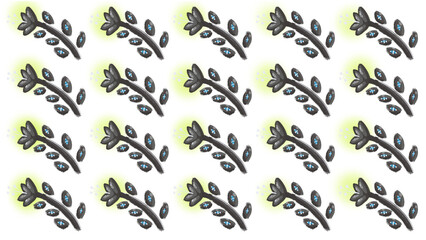 Seamless botanical pattern with gray sprigs and glowing blue leaves on deep black. Modern, abstract design for backgrounds, textiles, branding, and decor.