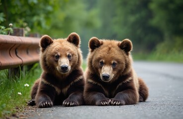 Fototapeta premium Two brown bear cubs sit on road. Young bears look at camera. Bears are lying next to metal barrier. Plants and daisies grow beside bears on highway in woods.
