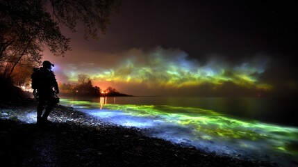 Obraz premium Silhouette of person observing vibrant bioluminescent lake at night