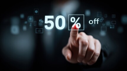 Businessman touching digital 50% off icon. Futuristic sale concept with glowing blue interface.