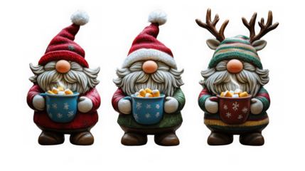 Three cute gnome figurines wearing festive hats and holding mugs of hot chocolate, isolated on transparent background