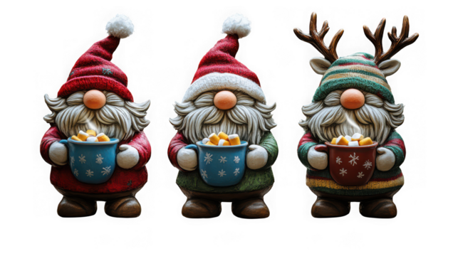 Three cute gnome figurines wearing festive hats and holding mugs of hot chocolate, isolated on transparent background