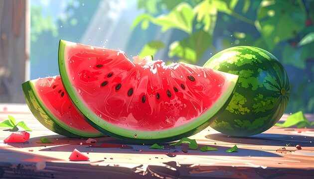 Watermelon slices on a rustic table