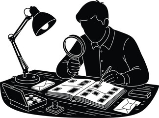 Silhouette of Person Collecting Stamps or Coins with Magnifying Glass


