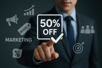 Businessman touching digital 50% off icon. Futuristic sale concept with glowing blue interface.