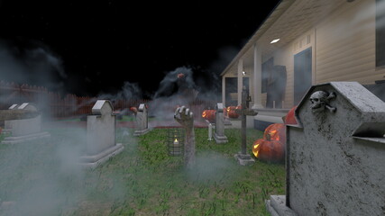 ハロウィンの飾りつけをした家　3DCGレンダリング