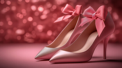 Stylish pair stylish pink fuchsia heels featuring charming bow, elegant occasions and fashionable events, Fashion Style background, place for text, banner, advertising, sale