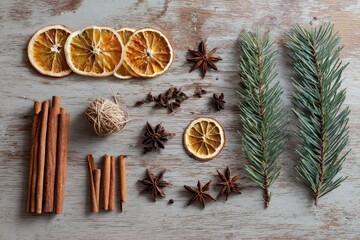 Overhead Flat Lay of Festive Christmas Spices and Evergreen Branches on Rustic Wood.