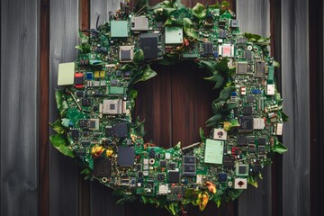 High-tech wreath with circuit boards and greenery on metal background