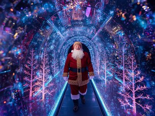Obraz premium Santa Claus walking through a magical winter wonderland tunnel filled with festive lights and decorations, spreading holiday cheer and joy this Christmas season