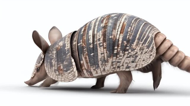 Realistic CGI Armadillo walking and sniffing on an isolated, seamless white studio background