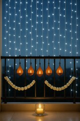 Balcony decorated with cool white fairy lights, terracotta diyas, and jasmine garlands