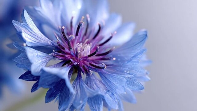 A captivating macro close-up reveals the delicate intricacies of a vibrant blue and purple flower, adorned with sparkling water droplets on its velvety petals. The camera gracefully highlights the ric